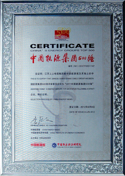 江苏上上电缆集团荣获2011年“中国能源集团500强”