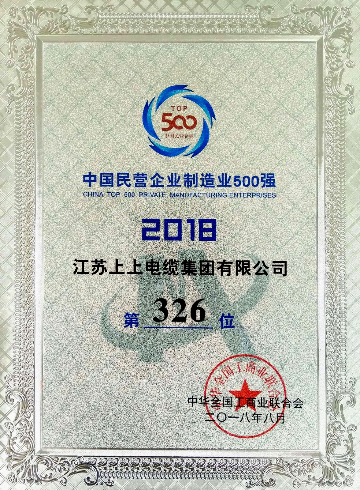 上上电缆连续八年入围中国民营企业制造业500强